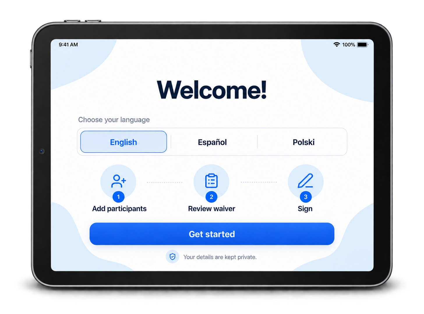 Waiver kiosk on an iPad with language selection and a three-step signing flow.