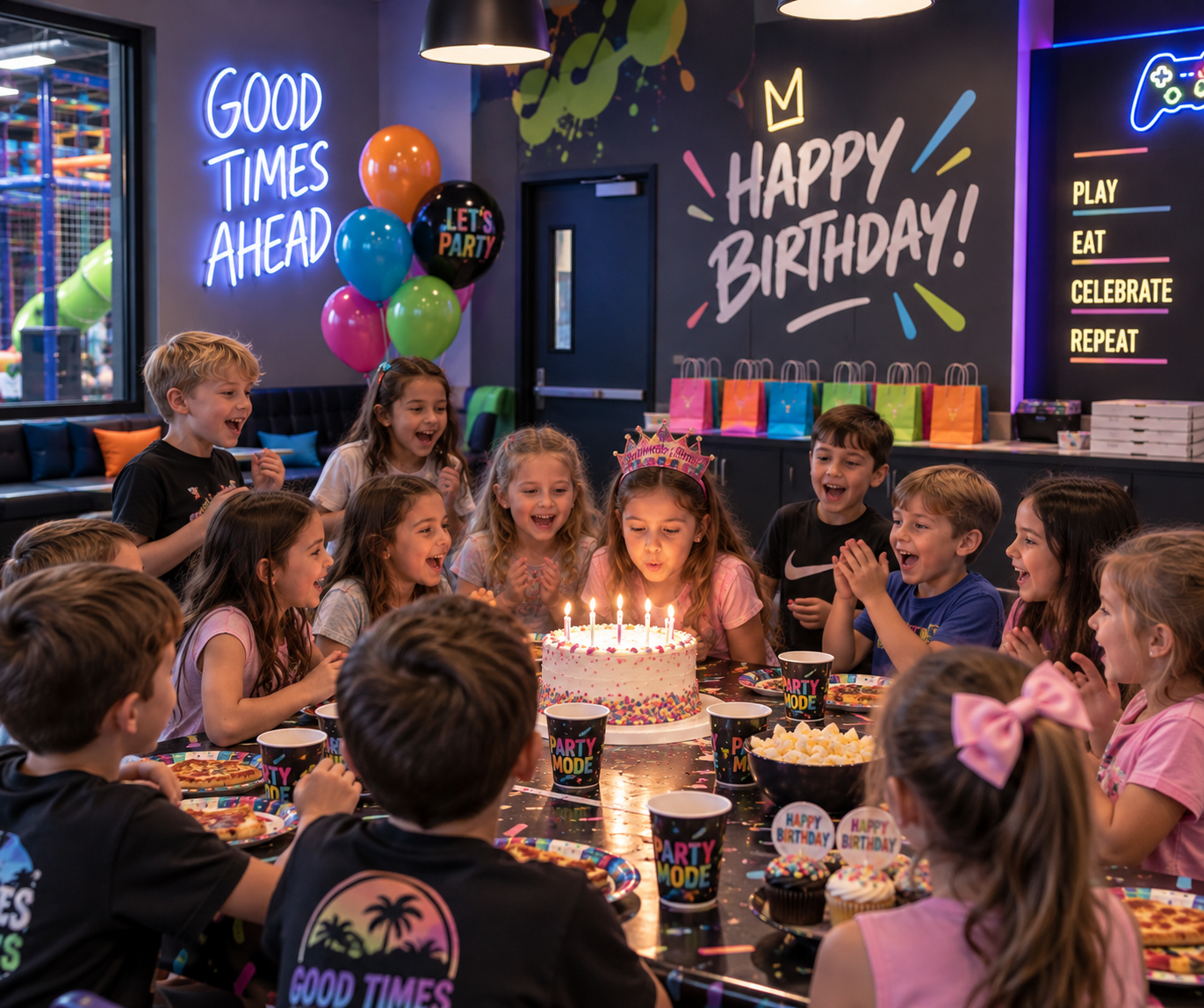 Kids celebrating a birthday party with cake in a party room.