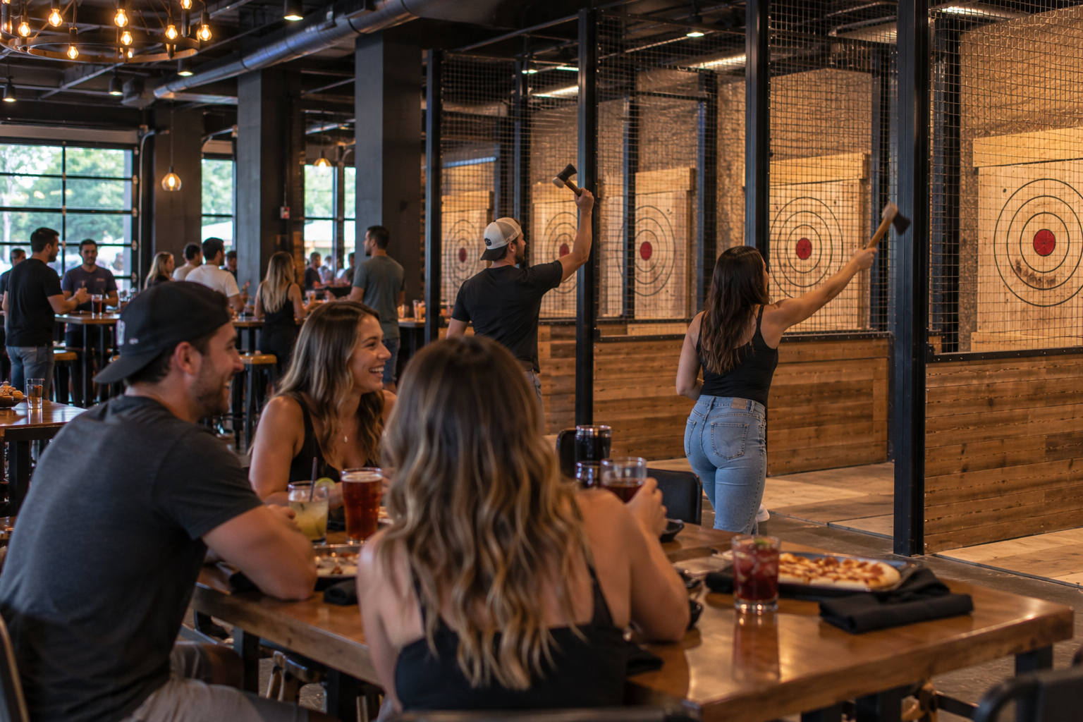 Guests dining and playing axe throwing at an eatertainment venue