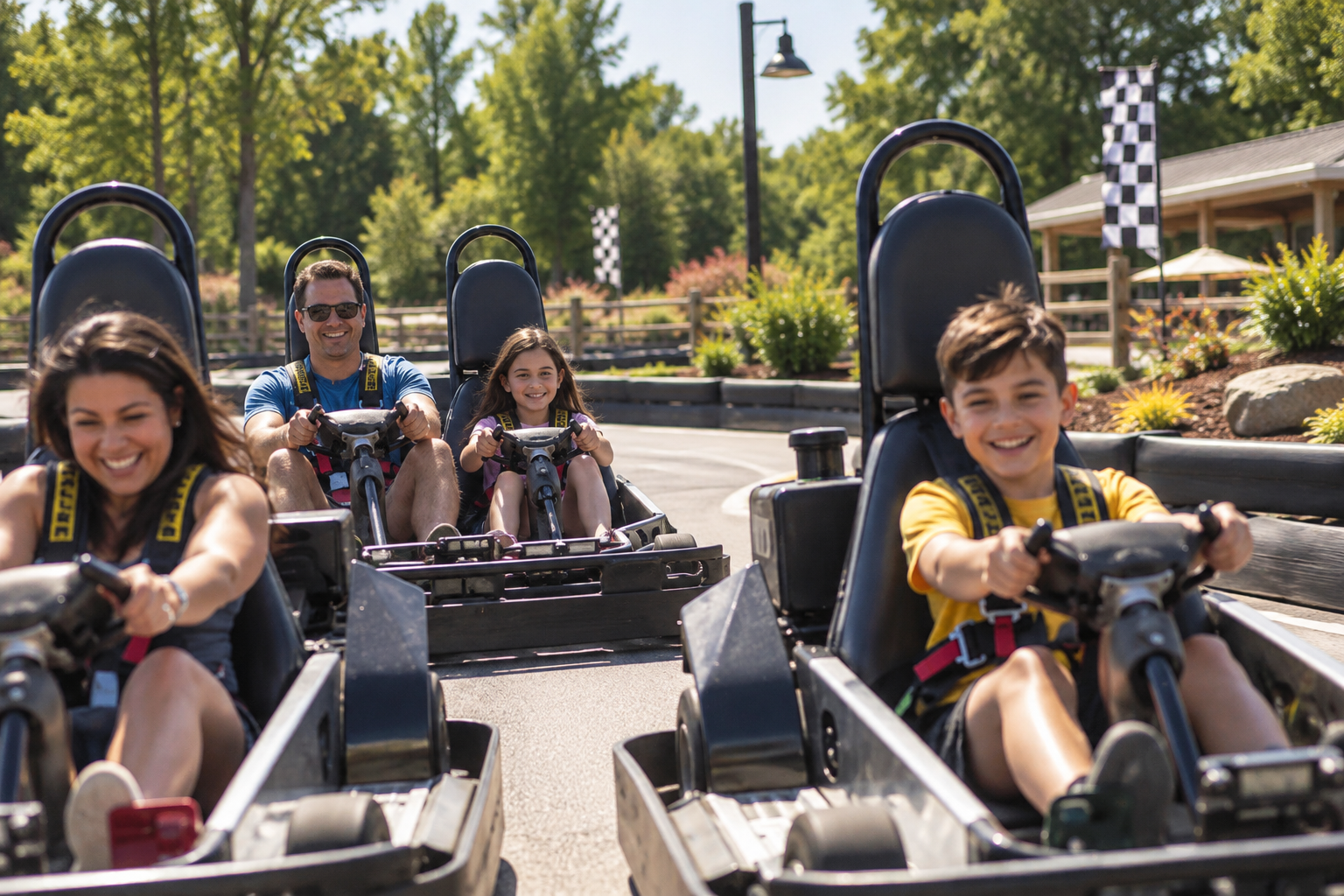 Family racing go-karts at an outdoor fun park